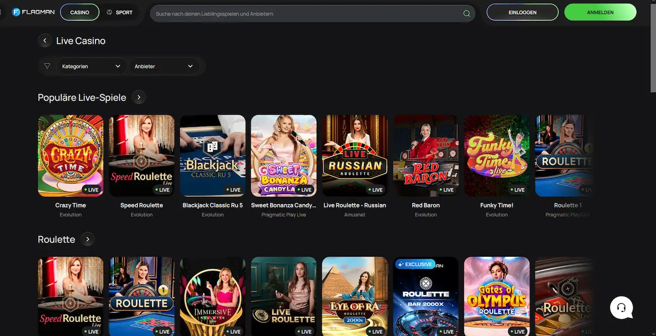 Flagman Live Casino mit Crazy Time, Live Roulette und Blackjack von Evolution Gaming